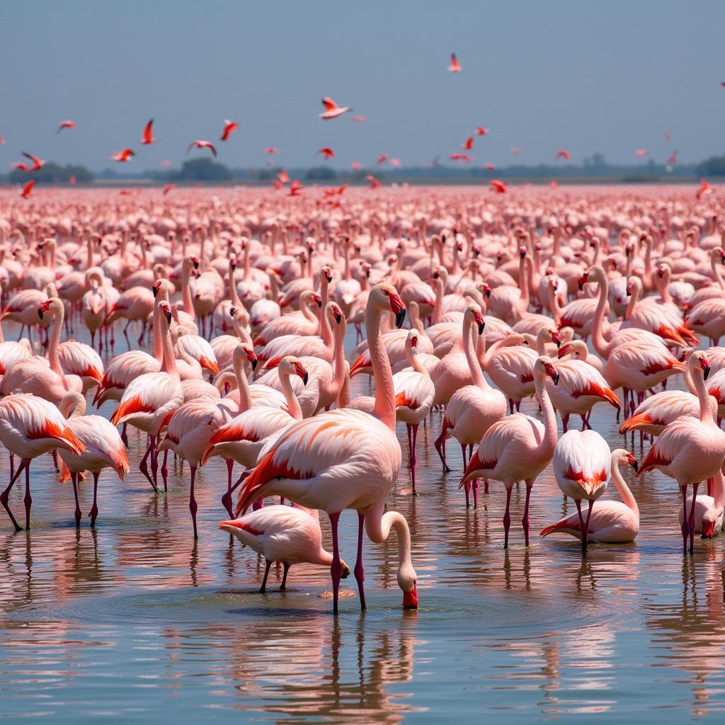 Group of Flamingos Gathered at Waterhole