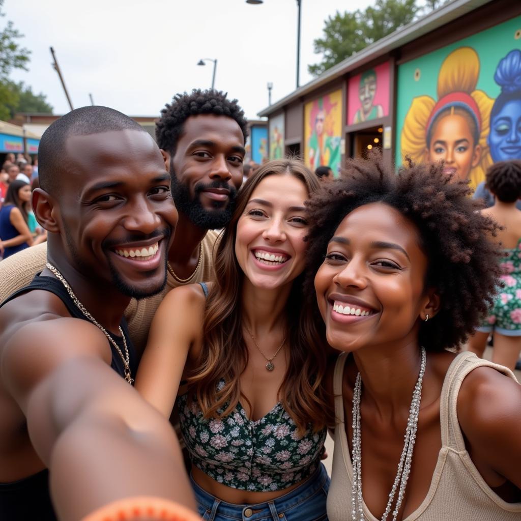 Group of friends taking a selfie at a cultural event