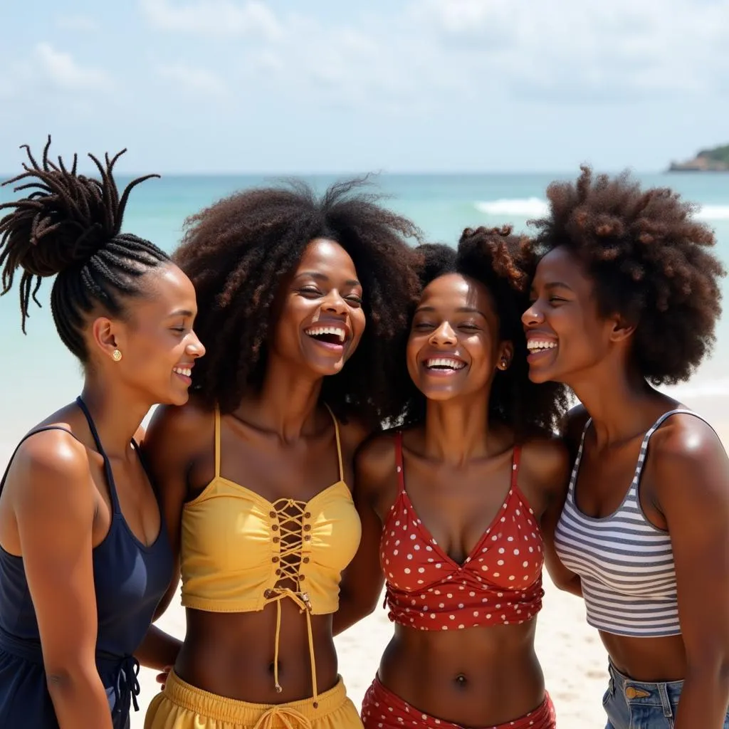 Friends with different hairstyles laughing together on beach