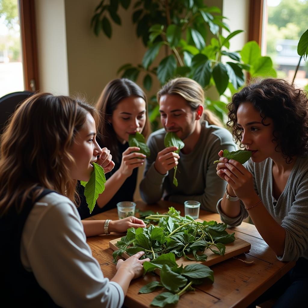 Group of people chewing khat leaves in a social setting