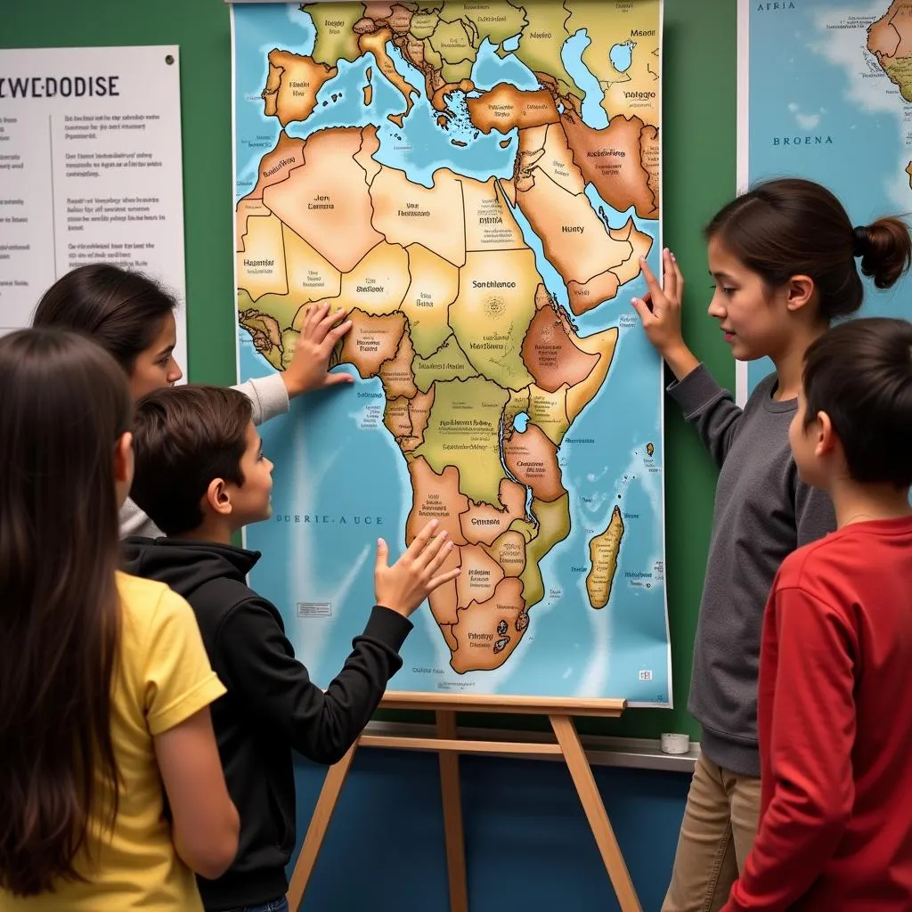 Students Studying a Map of Africa