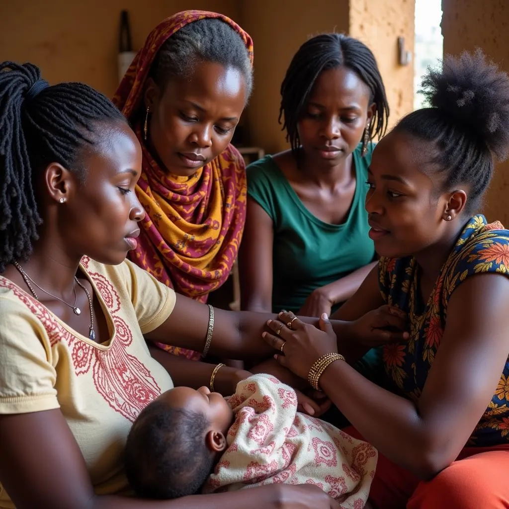 Group of Women Sitting Together, Supporting a New Mother Breastfeeding