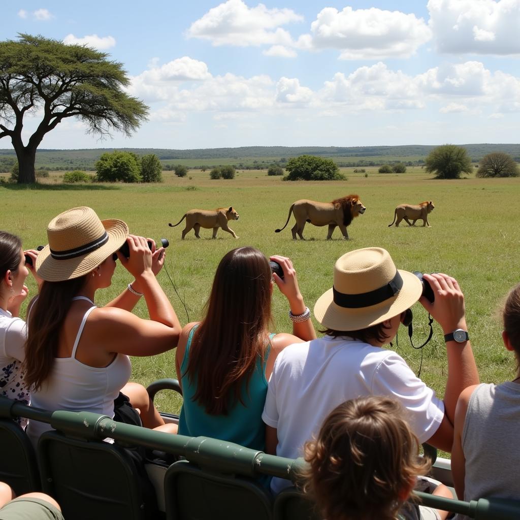 Group of Tourists in Safari Vehicle Observing Wildlife 