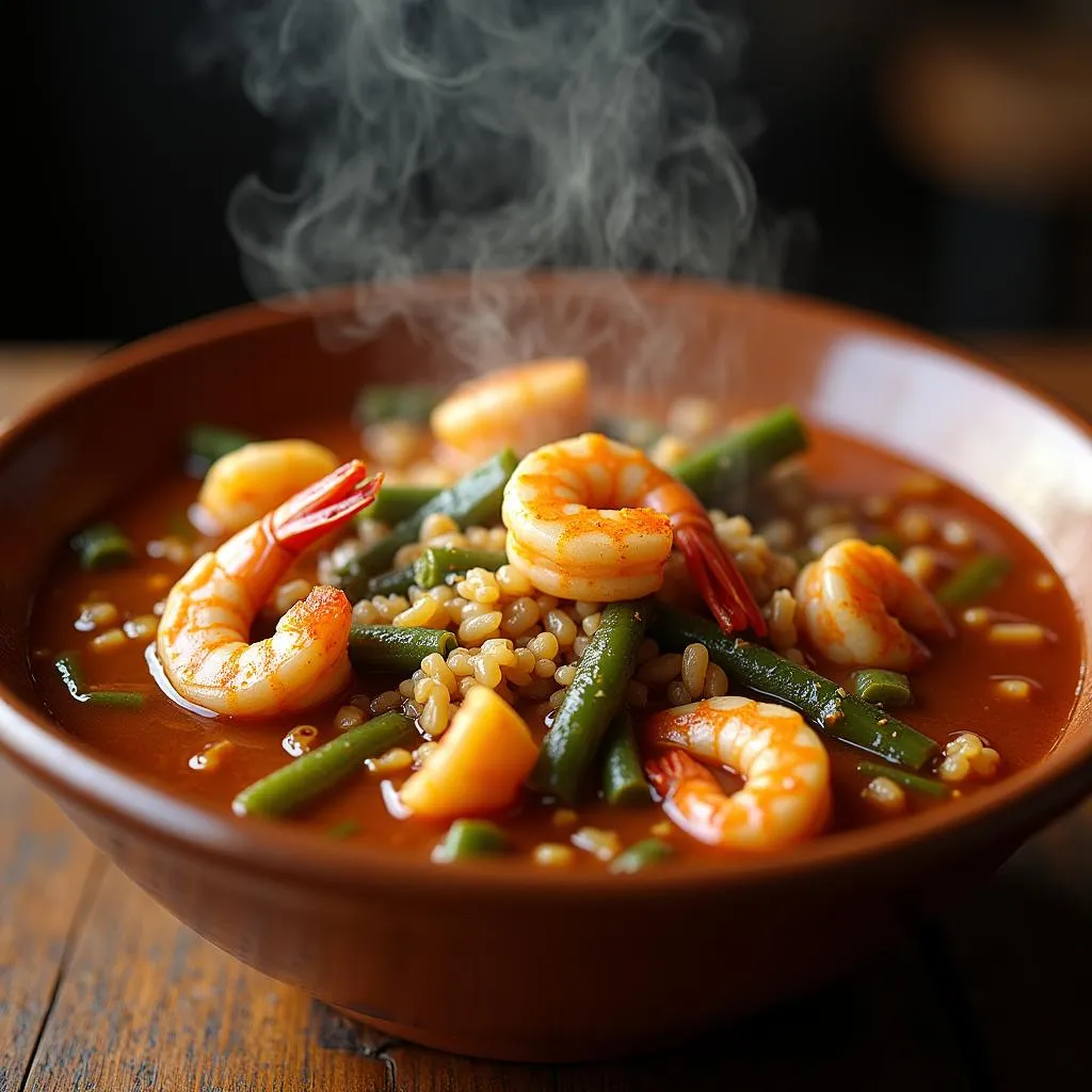 A bowl of gumbo with a spoon