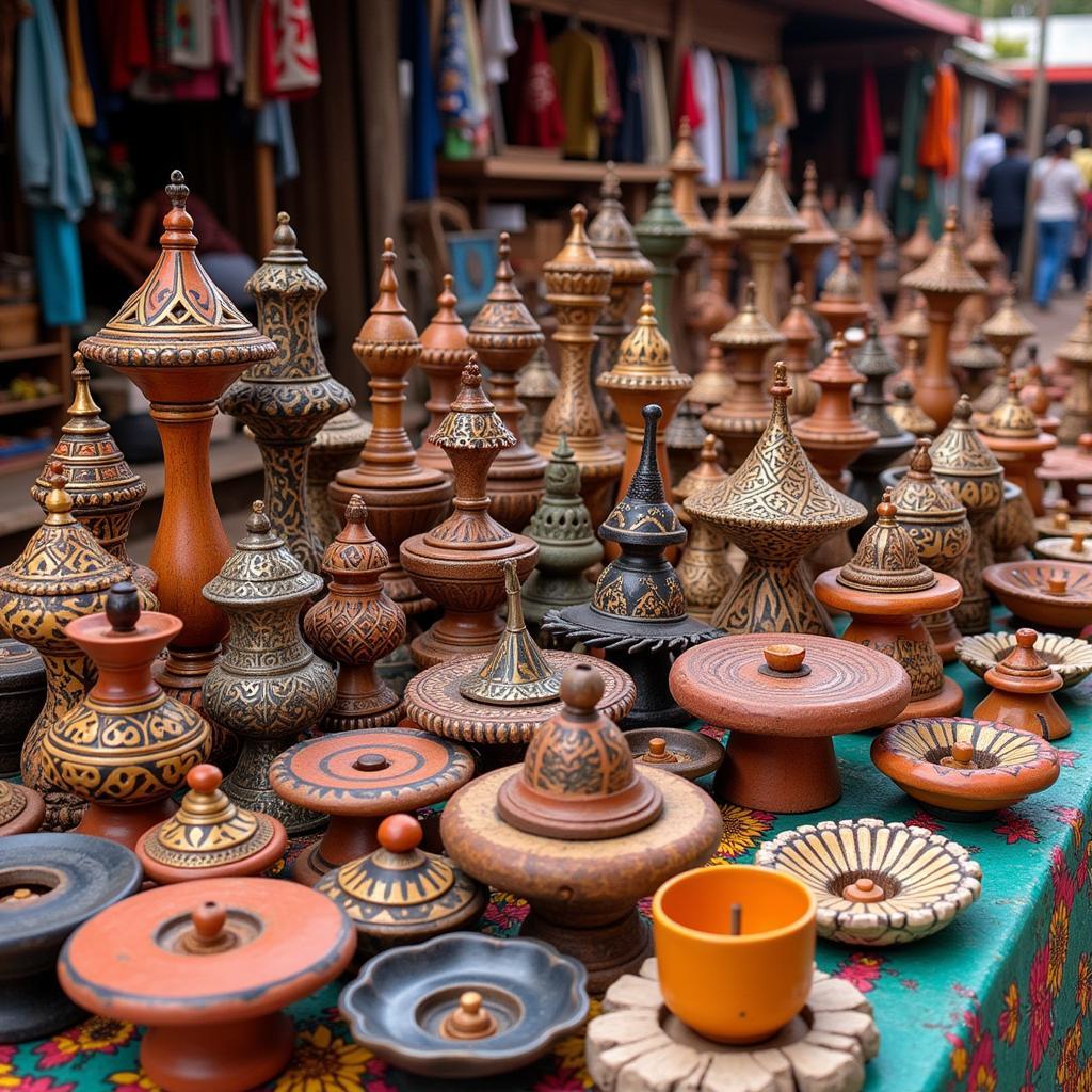 Handcrafted African incense holders displayed at a local market