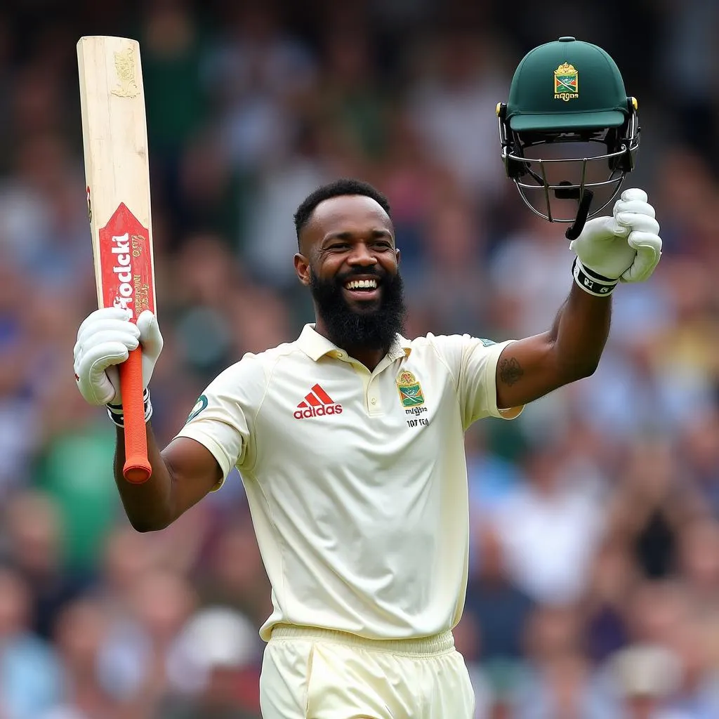 Hashim Amla raises his bat in celebration after scoring a century, a wide smile on his face.