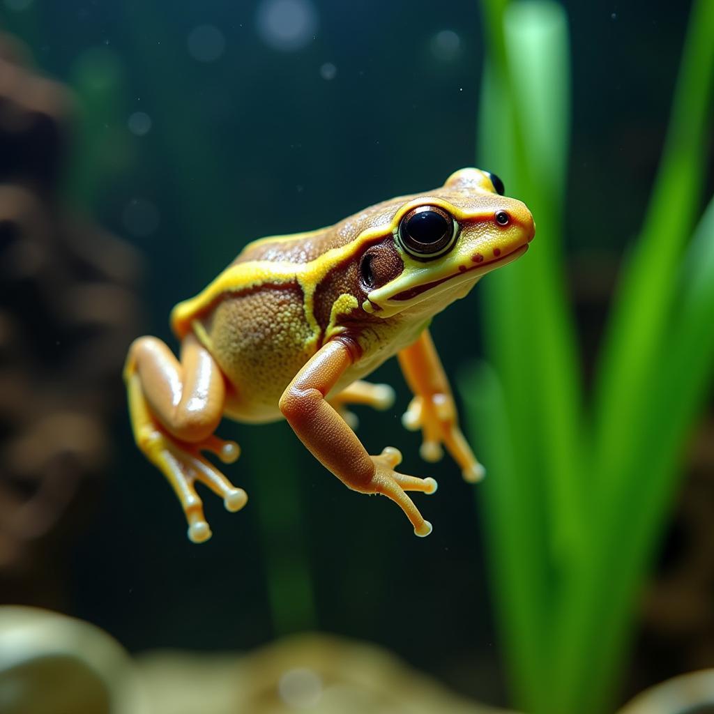 Healthy African dwarf frog swimming in aquarium