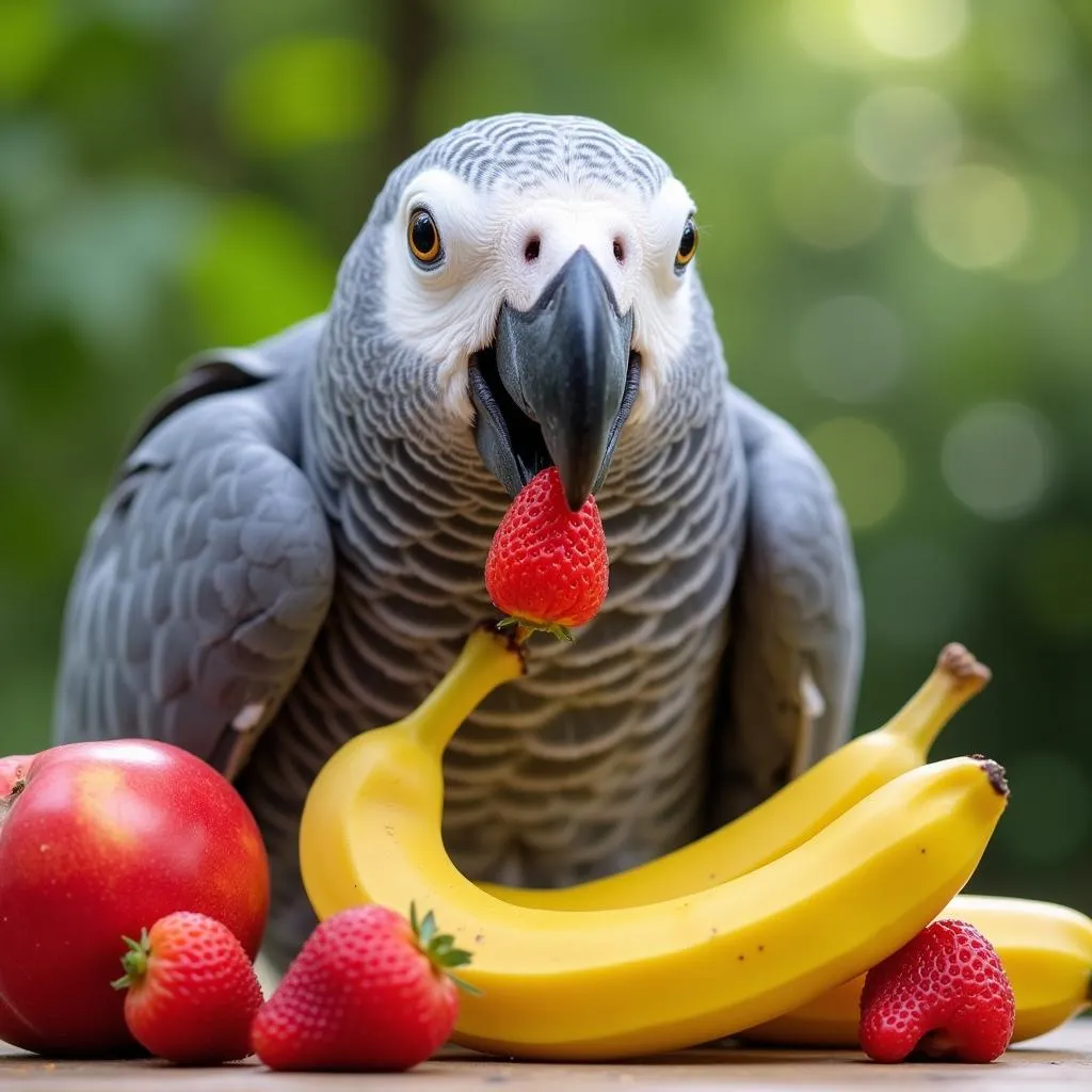 Healthy African Grey Enjoying Fresh Fruits