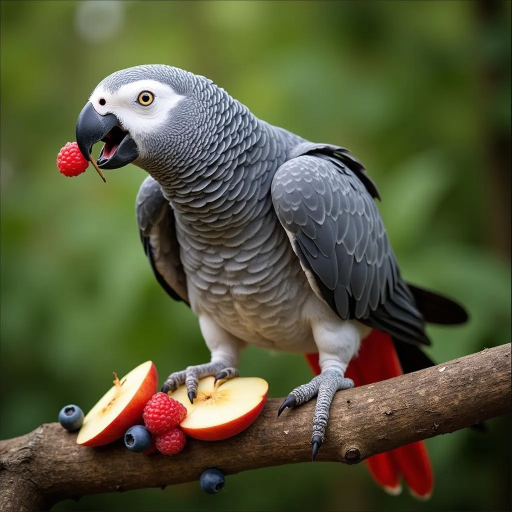 Healthy African Grey Parrot Eating Fruits