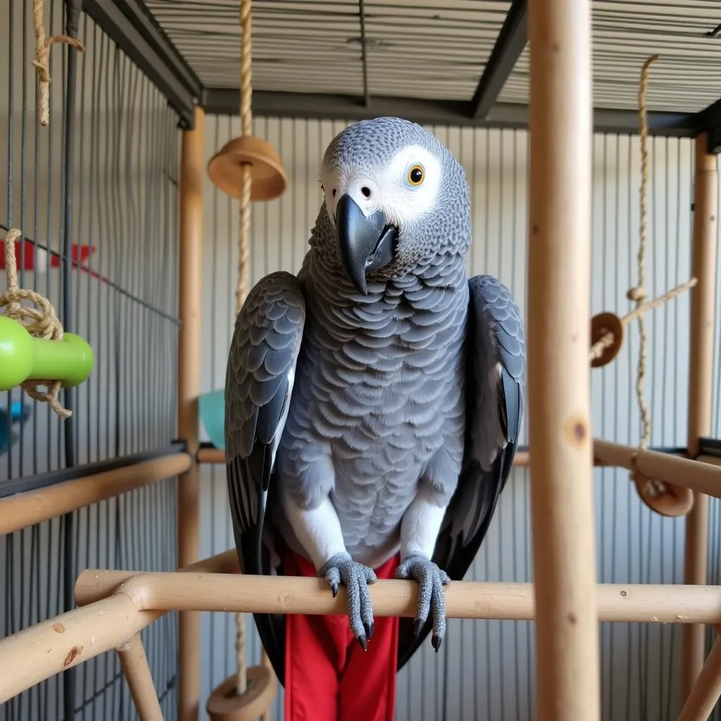 Healthy African Grey in Enriched Cage