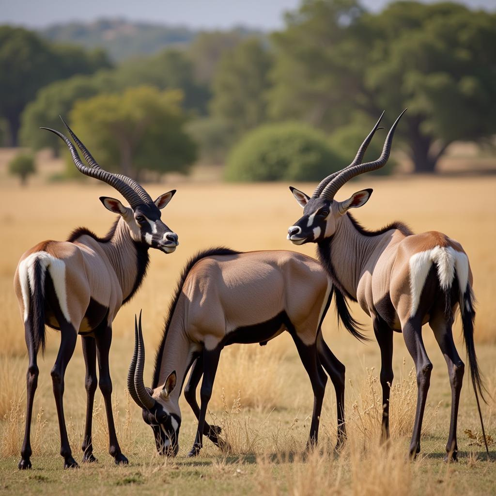 A herd of African oryx grazing peacefully on the vast African savanna, their white coats gleaming under the warm sunlight.