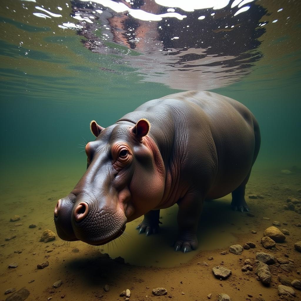 Hippopotamus Submerged in a Waterhole