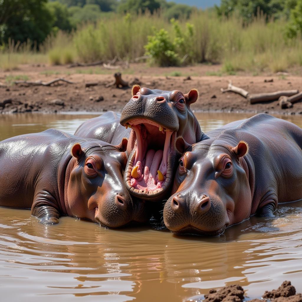 Hippopotamuses wallowing in muddy water