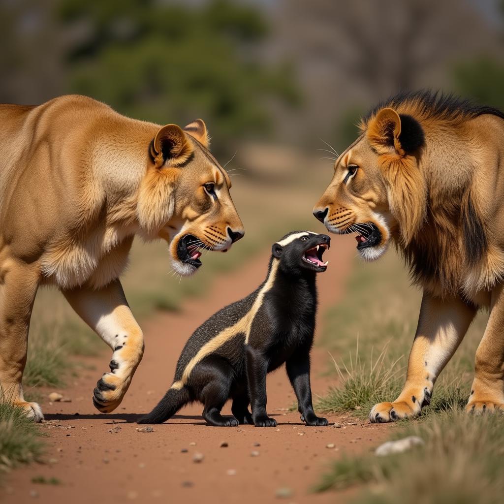 Honey badger facing off against lions