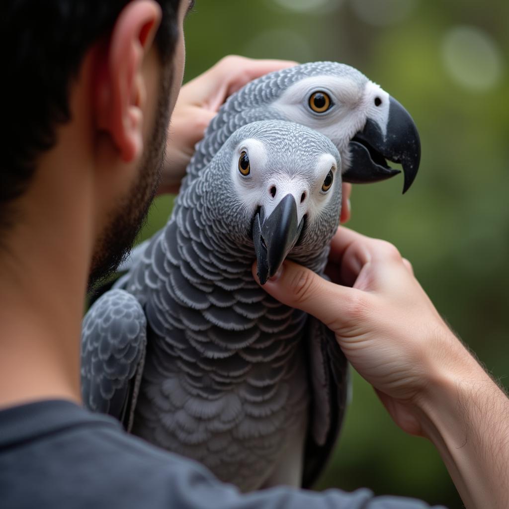 An African Grey parrot showing affection to its owner.