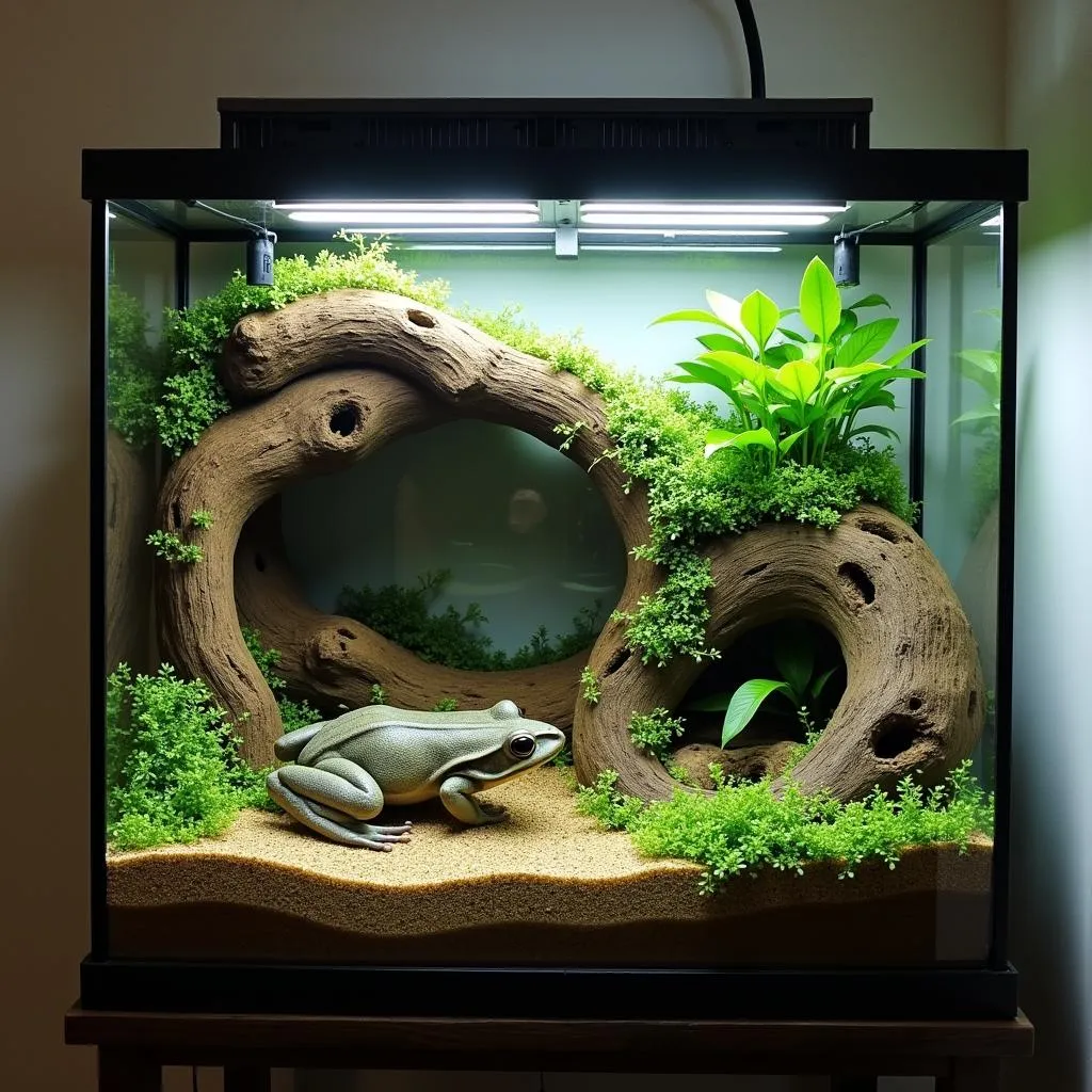 A fully furnished African bullfrog enclosure with natural elements