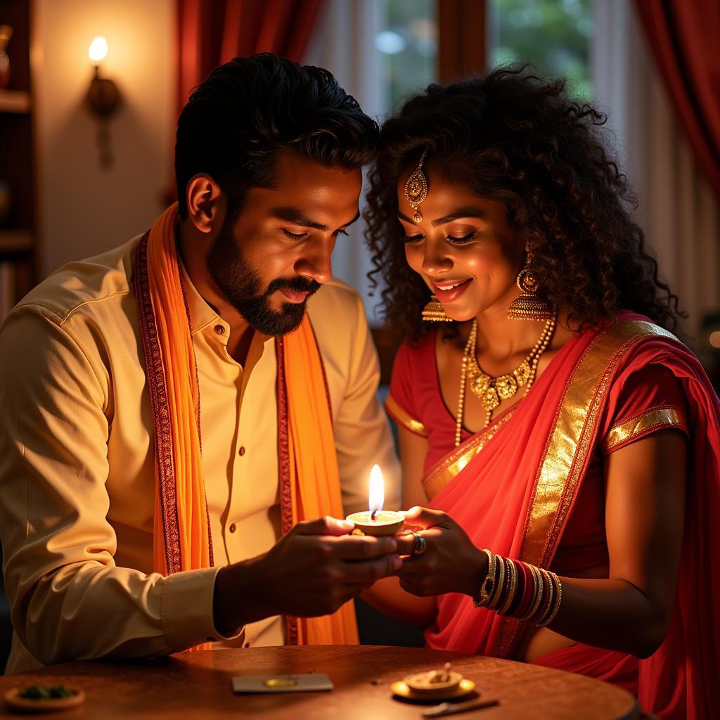 Indian and African Couple Celebrating Diwali Together