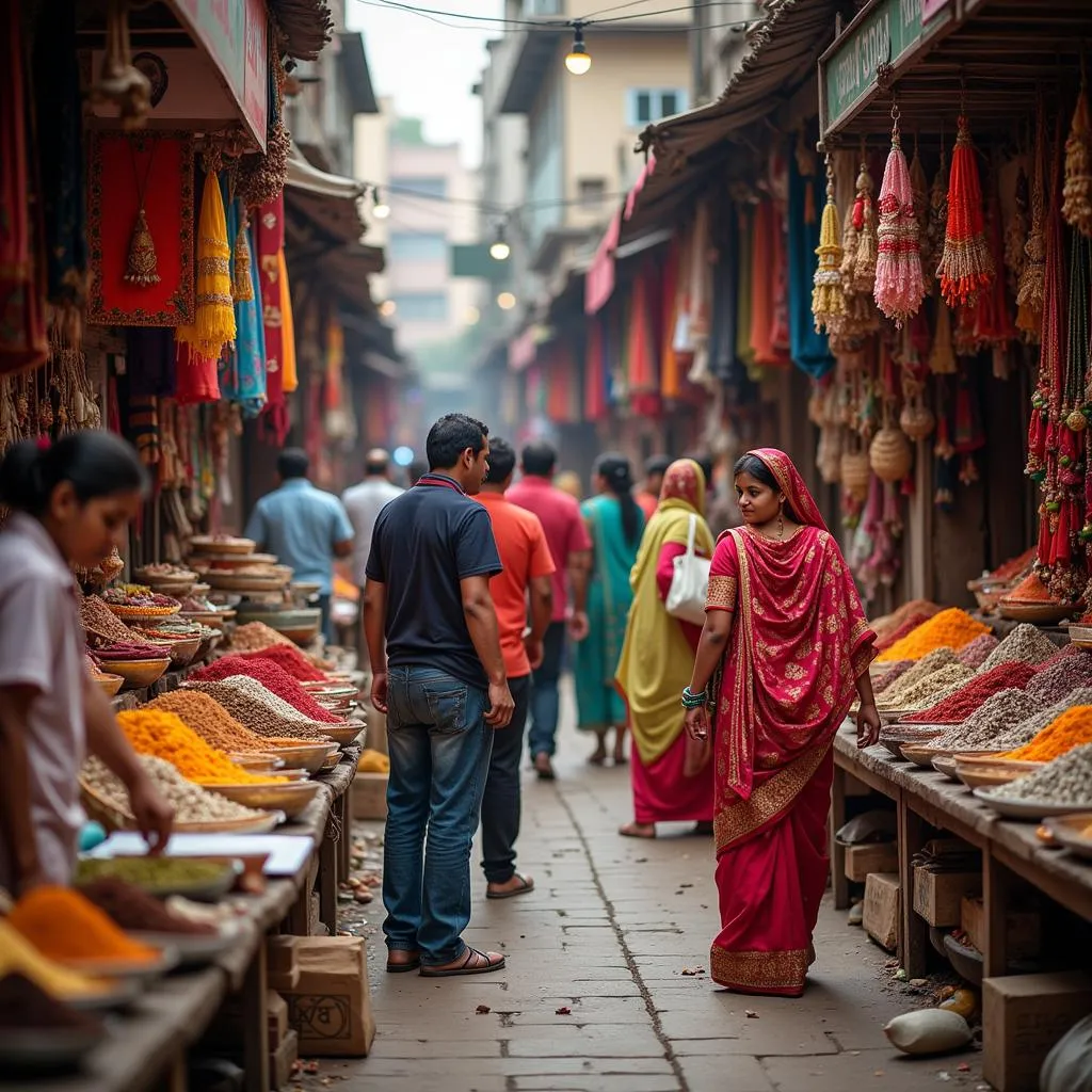 A bustling Indian street market with colorful stalls, local vendors, and shoppers browsing and negotiating prices