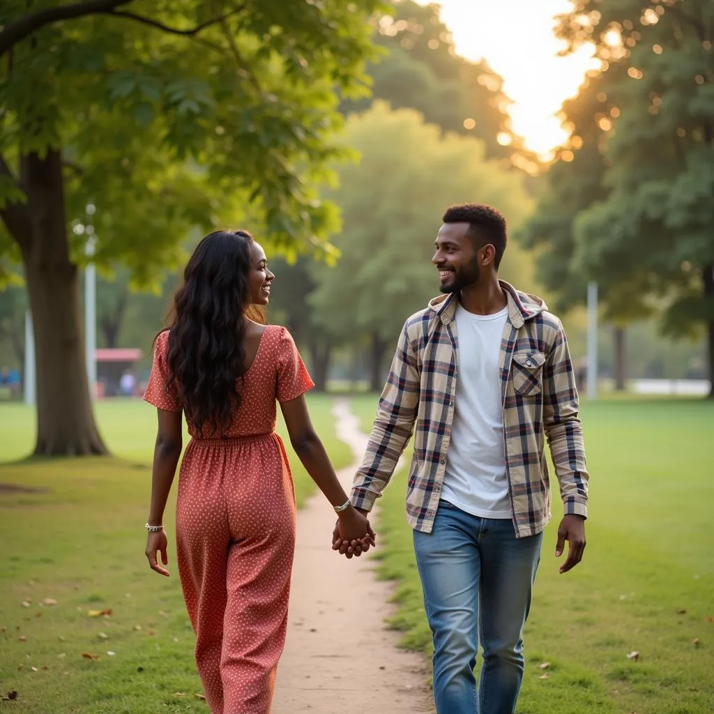 Interracial couple holding hands in a park