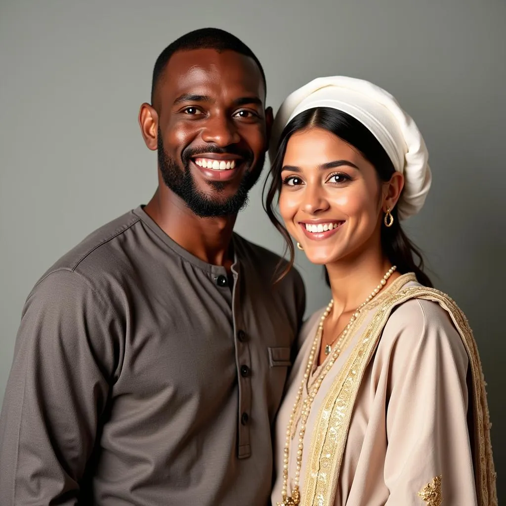 A happy interracial Muslim couple smiling at each other, dressed in traditional attire.