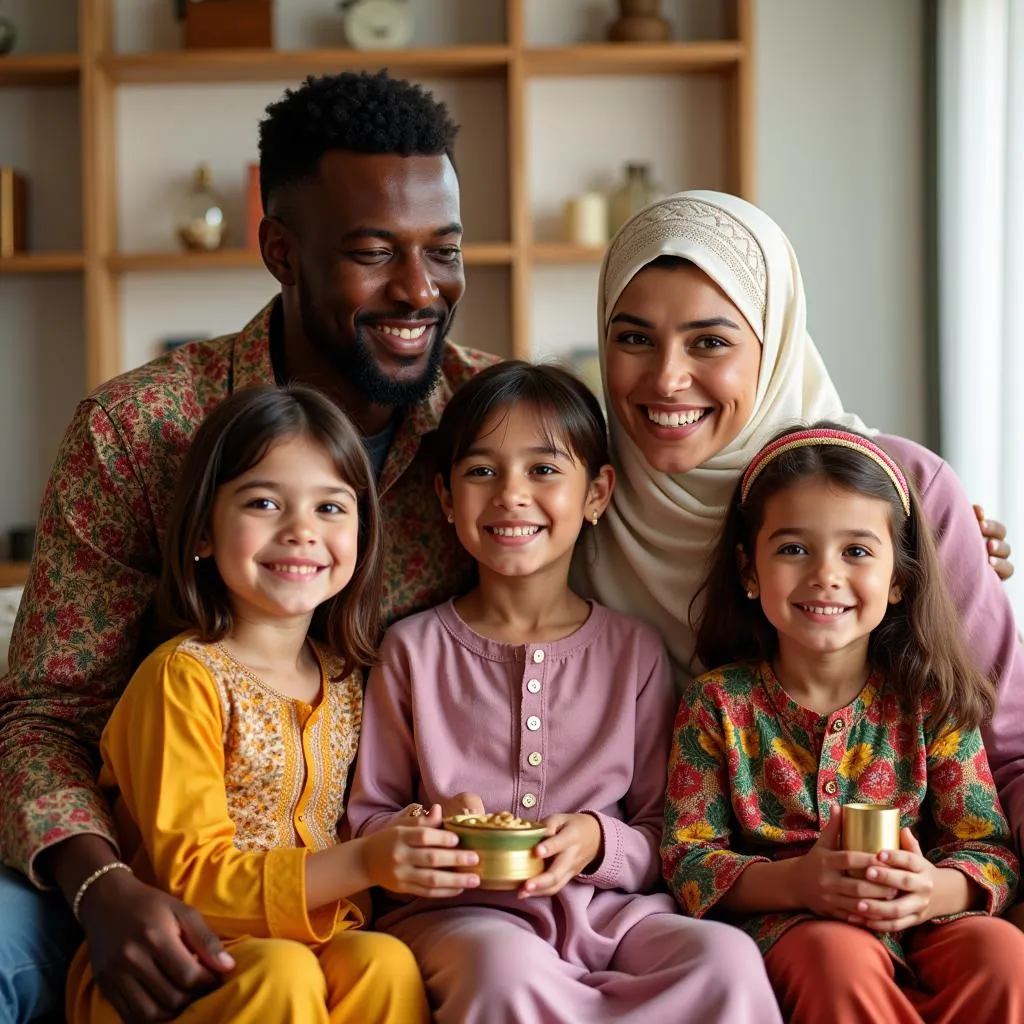 A joyful interracial Muslim family celebrating Eid together, showcasing the beauty of cultural blending.