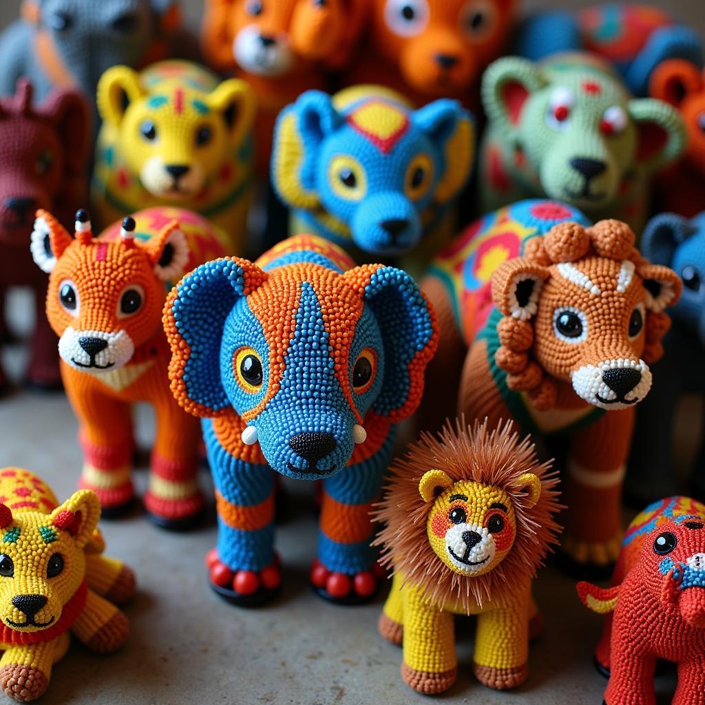 A close-up shot of intricately crafted beaded animal figurines