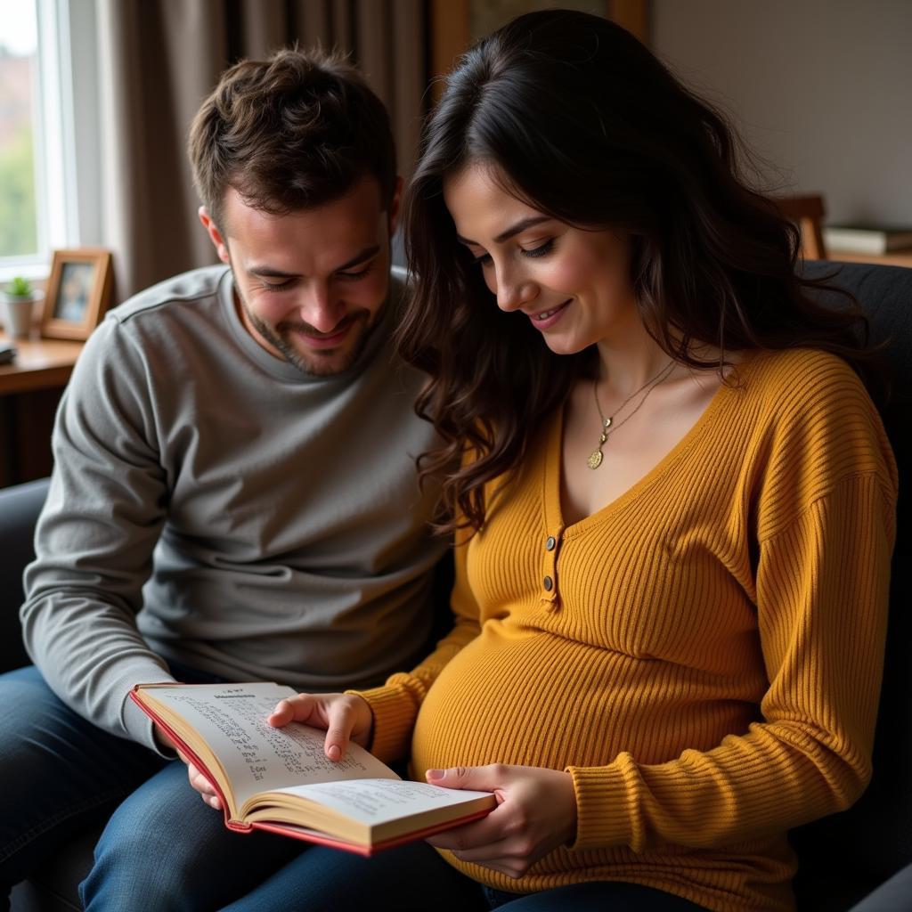 Couple choosing a name from a baby book