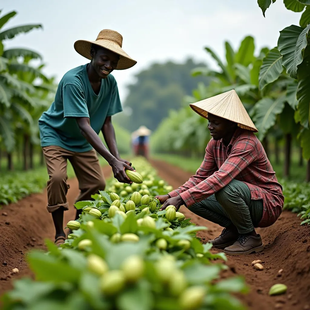 Ivorian Farmers Tending to a Cocoa Plantation