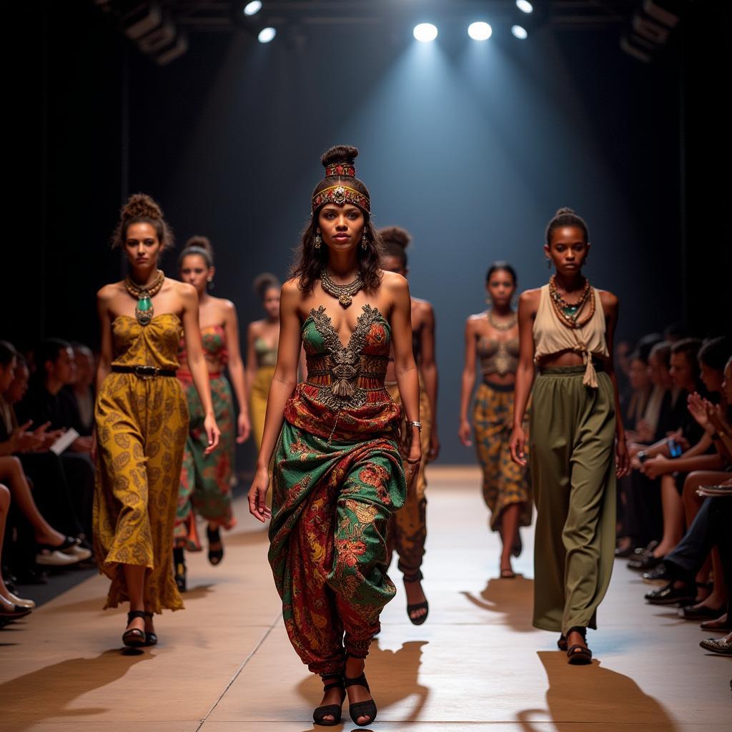 A scene from a Jean Paul Gaultier fashion show featuring models in African-inspired designs