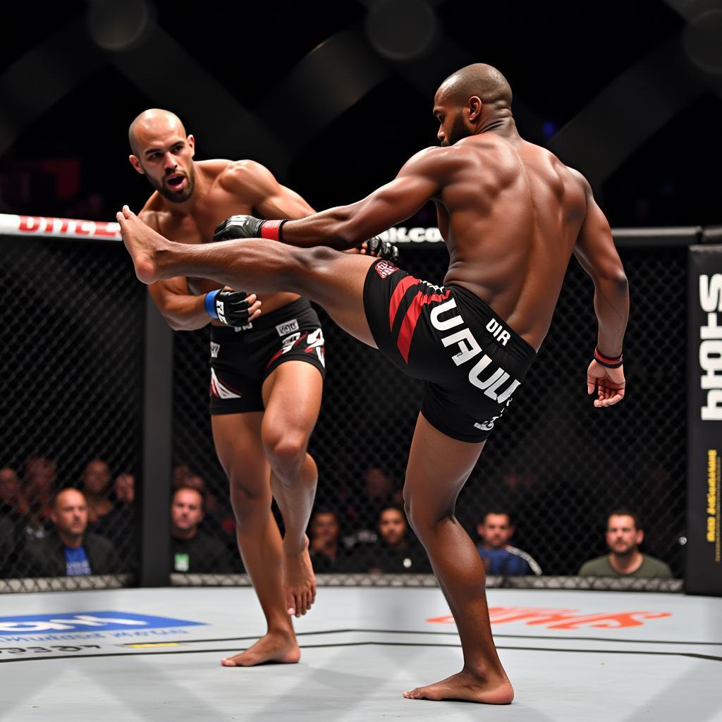 Jon Jones, a dominant African American MMA champion, showcasing his versatile fighting style in the octagon.