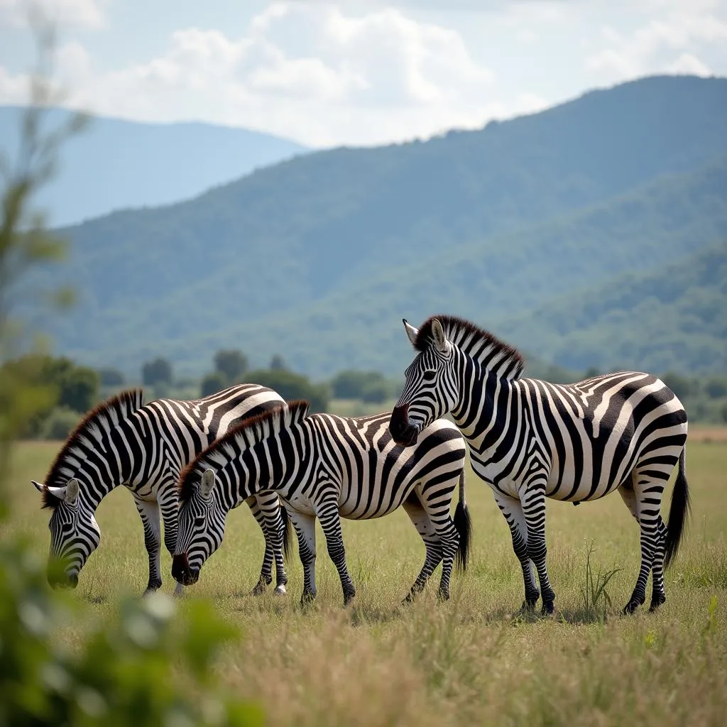 African Jungle Zebra Herd Grazing in Mountainous Landscape