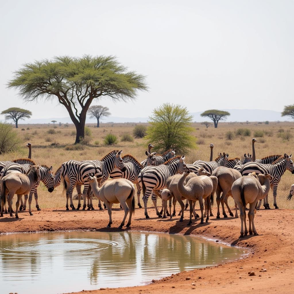 Wildlife gathering at a Kalahari Desert watering hole