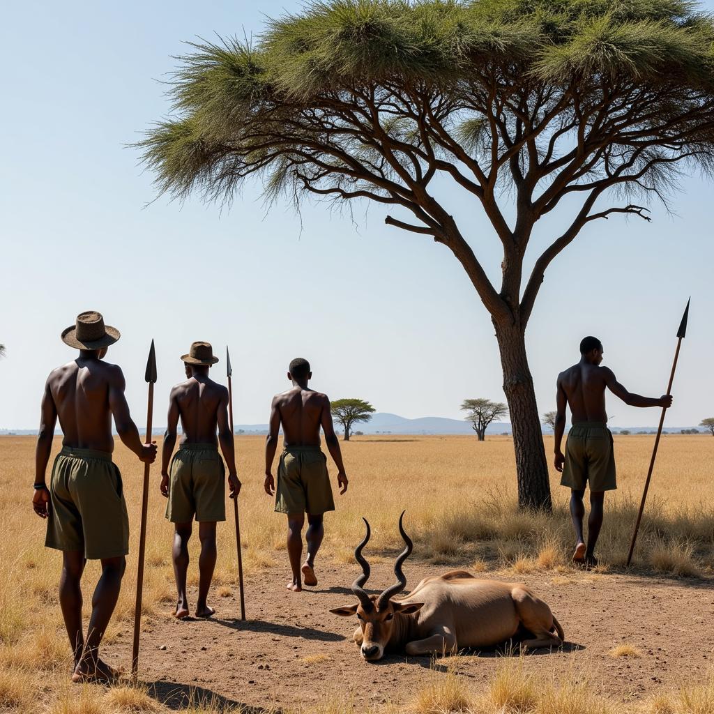 Kalahari hunters approaching an exhausted kudu