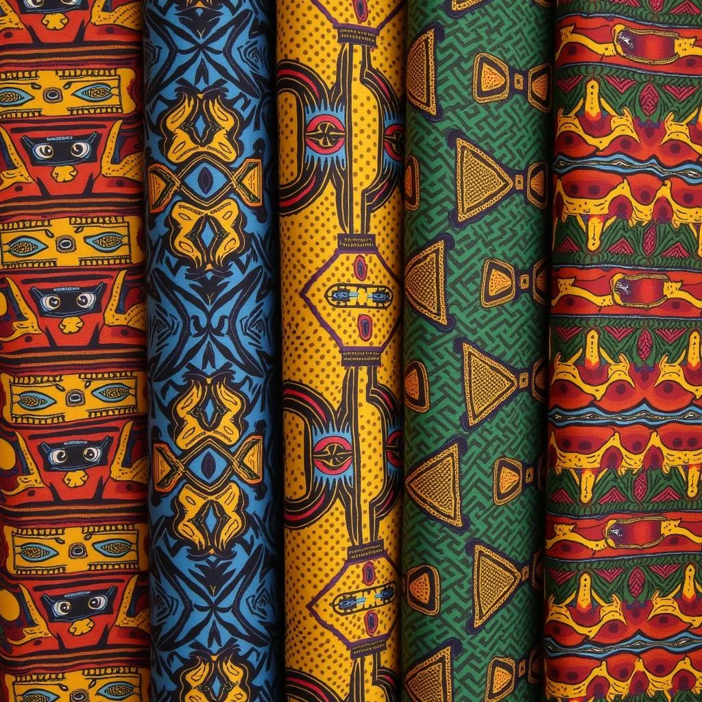 A selection of vibrant Kente cloth fabrics on display in Ghana, illustrating a variety of intricate patterns and color combinations