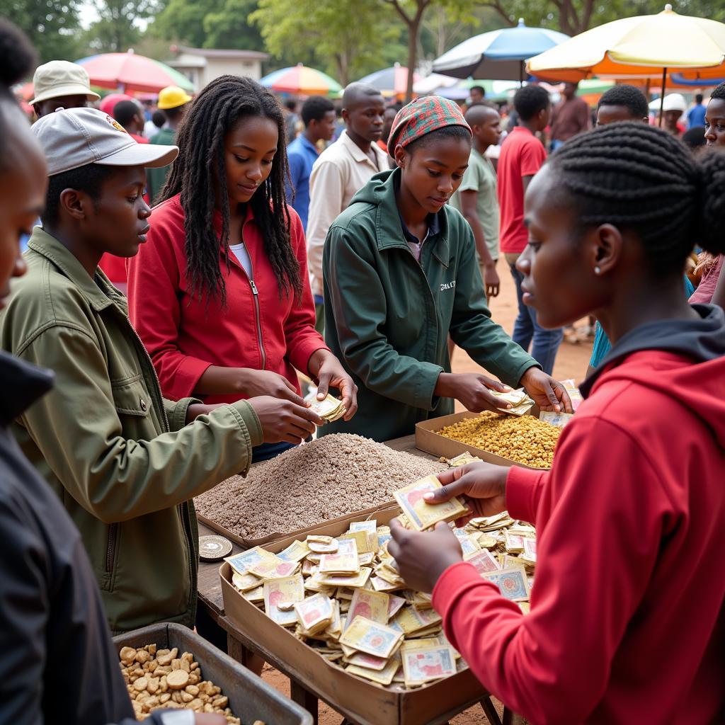 Bustling Marketplace with Locals and Tourists Exchanging Kenyan Shillings