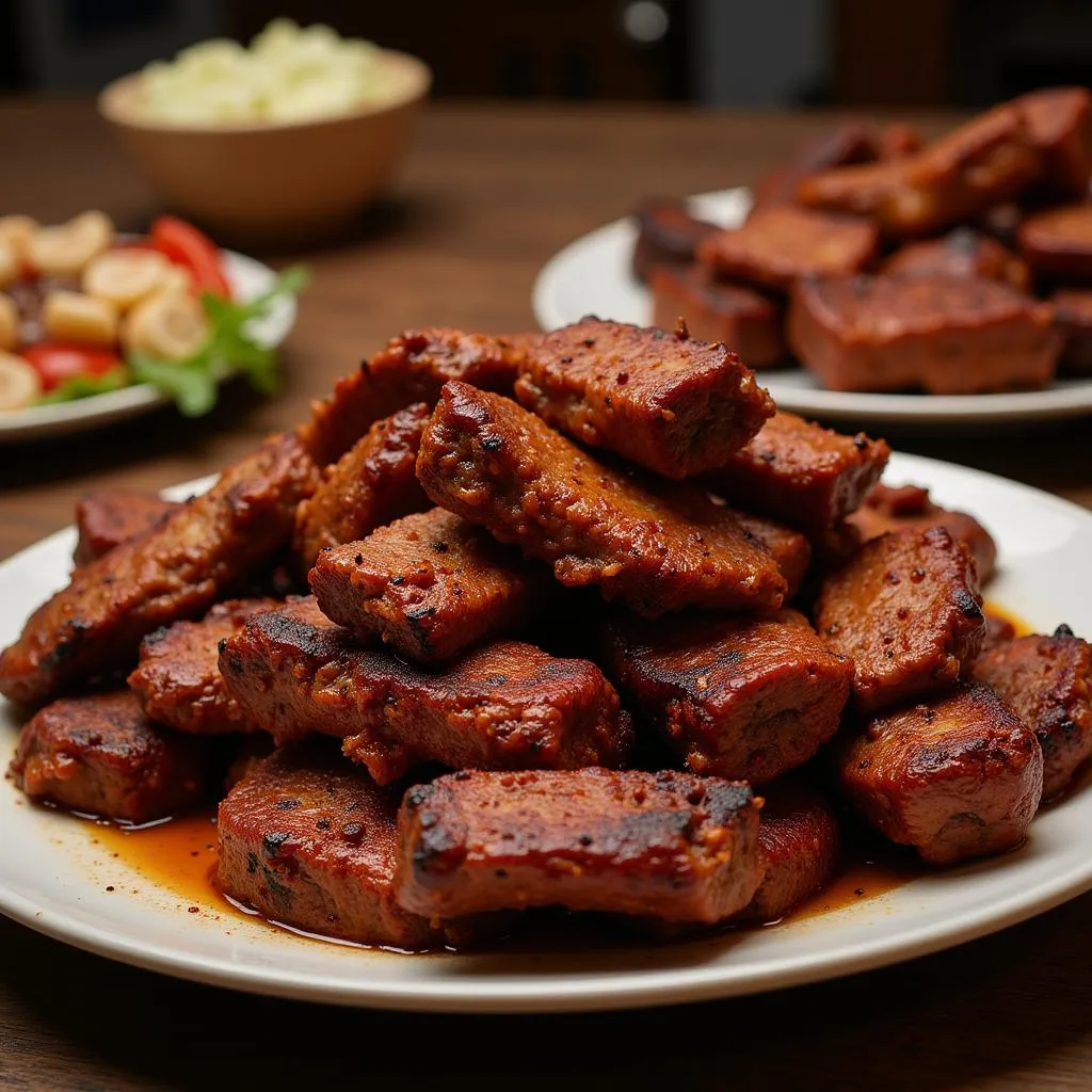 Kenyan nyama choma, grilled meat, served on a wooden platter