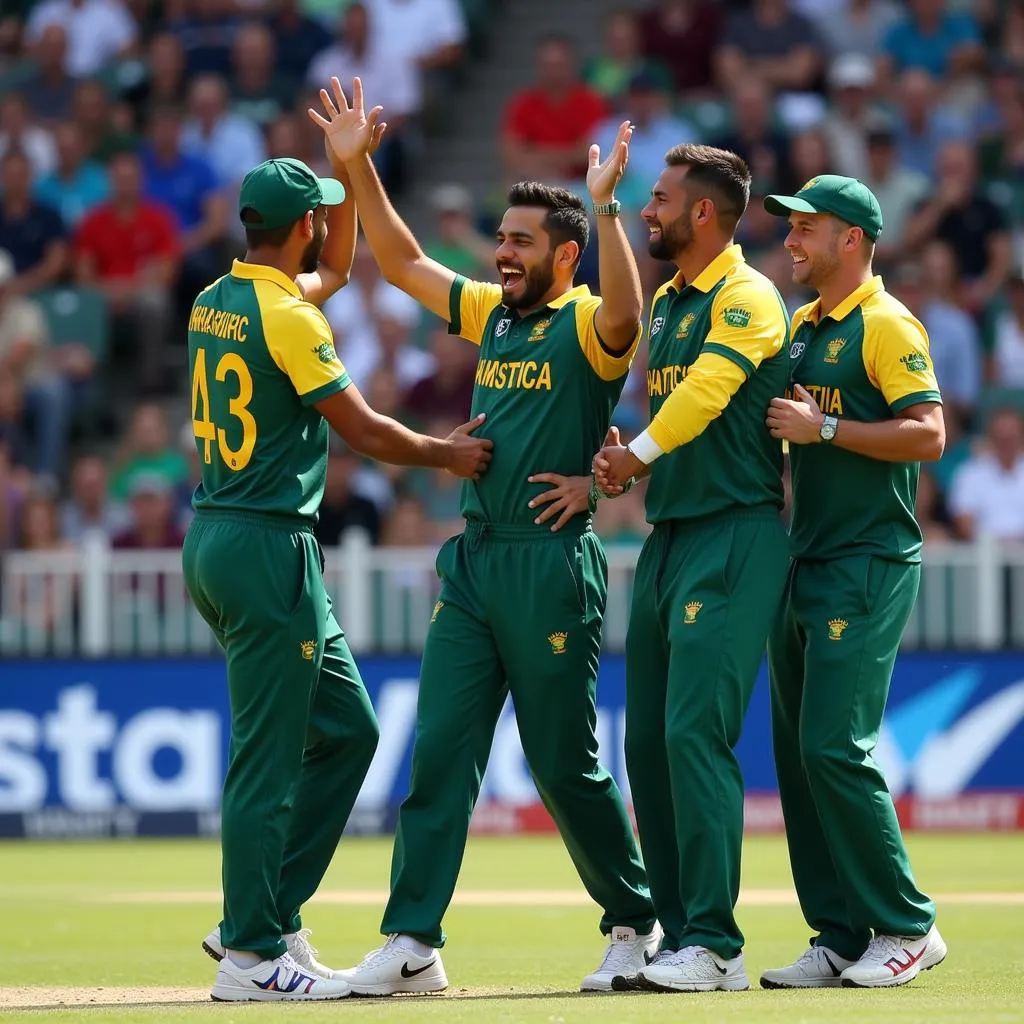 Keshav Maharaj celebrating a wicket with teammates.