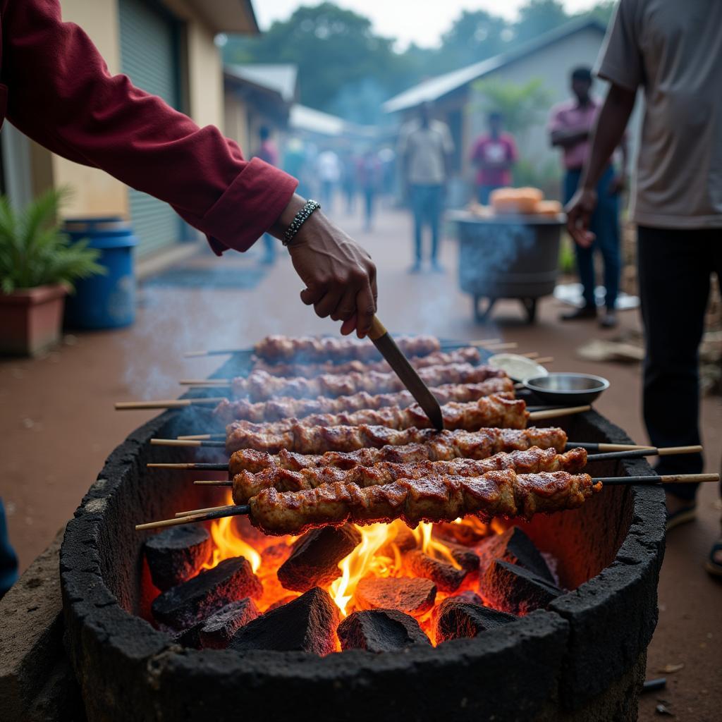 Kigali street food vendor grilling brochettes