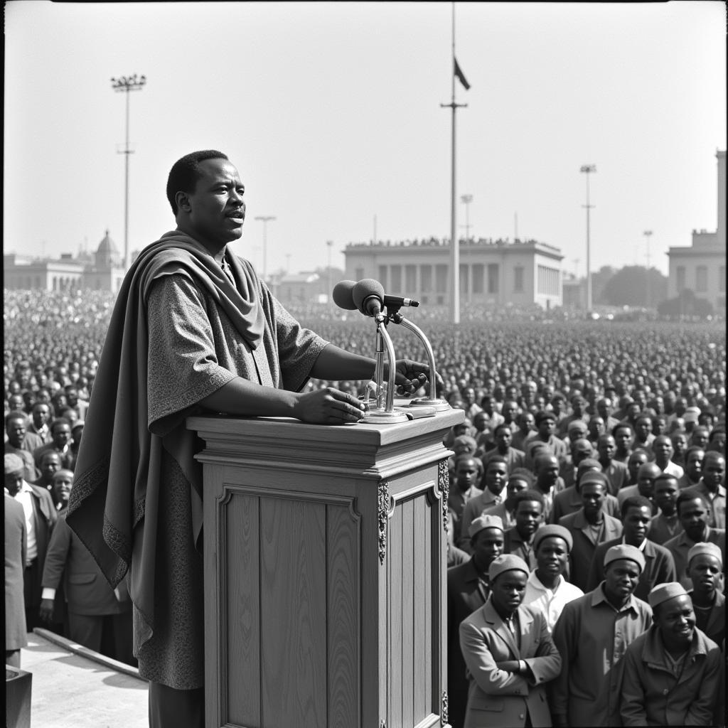 Kwame Nkrumah addressing crowds during Ghana's independence celebrations