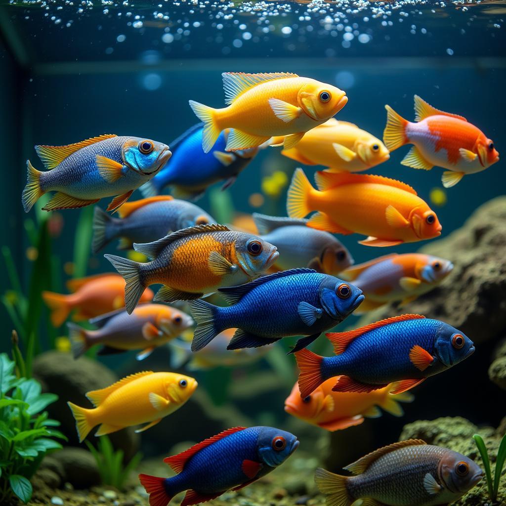 School of Lake Malawi Cichlids in Aquarium