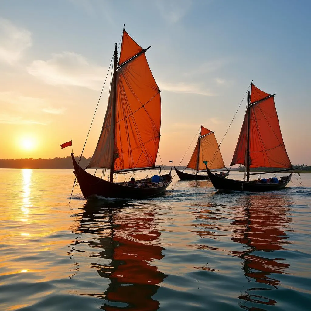 Traditional fishing boats on Lake Victoria at sunset