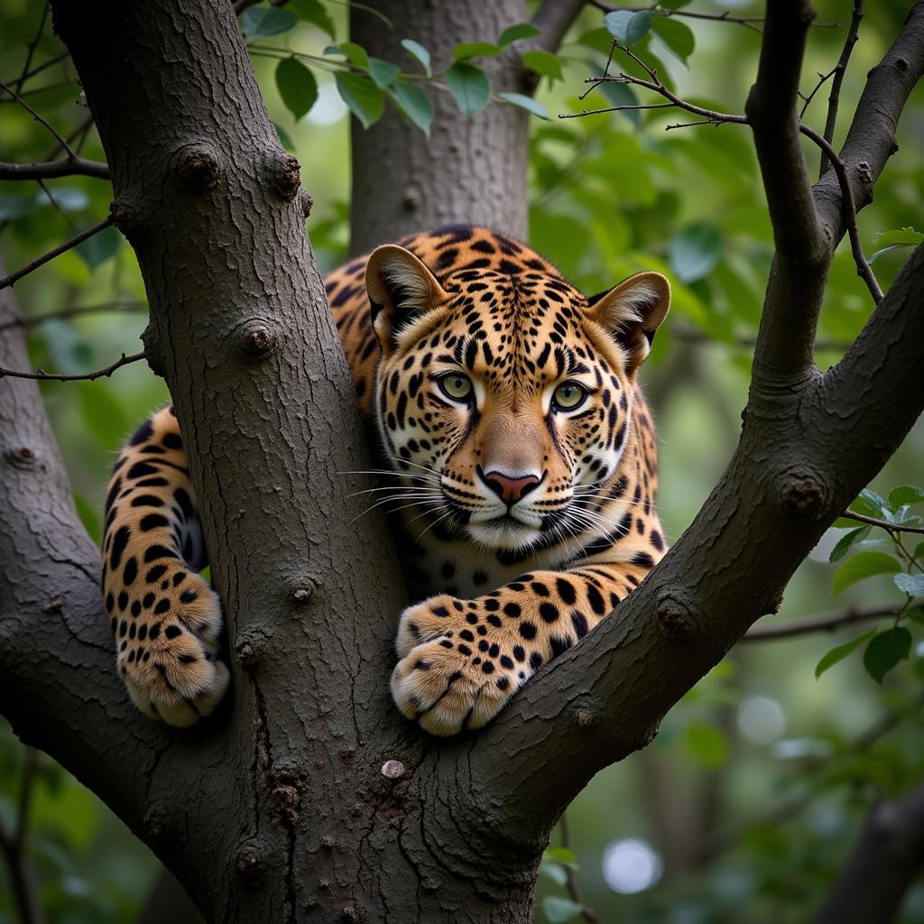 Leopard resting on a tree branch