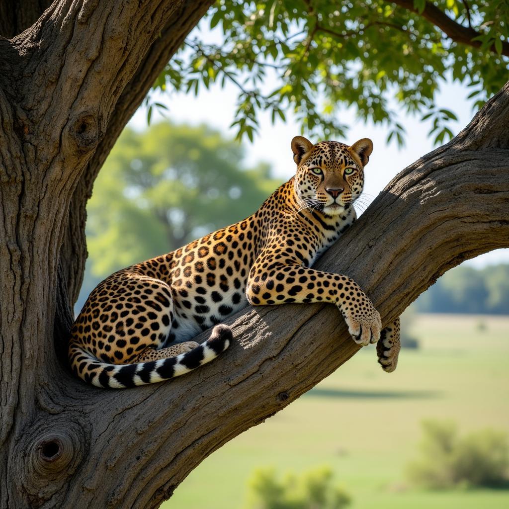 Leopard resting on a tree branch