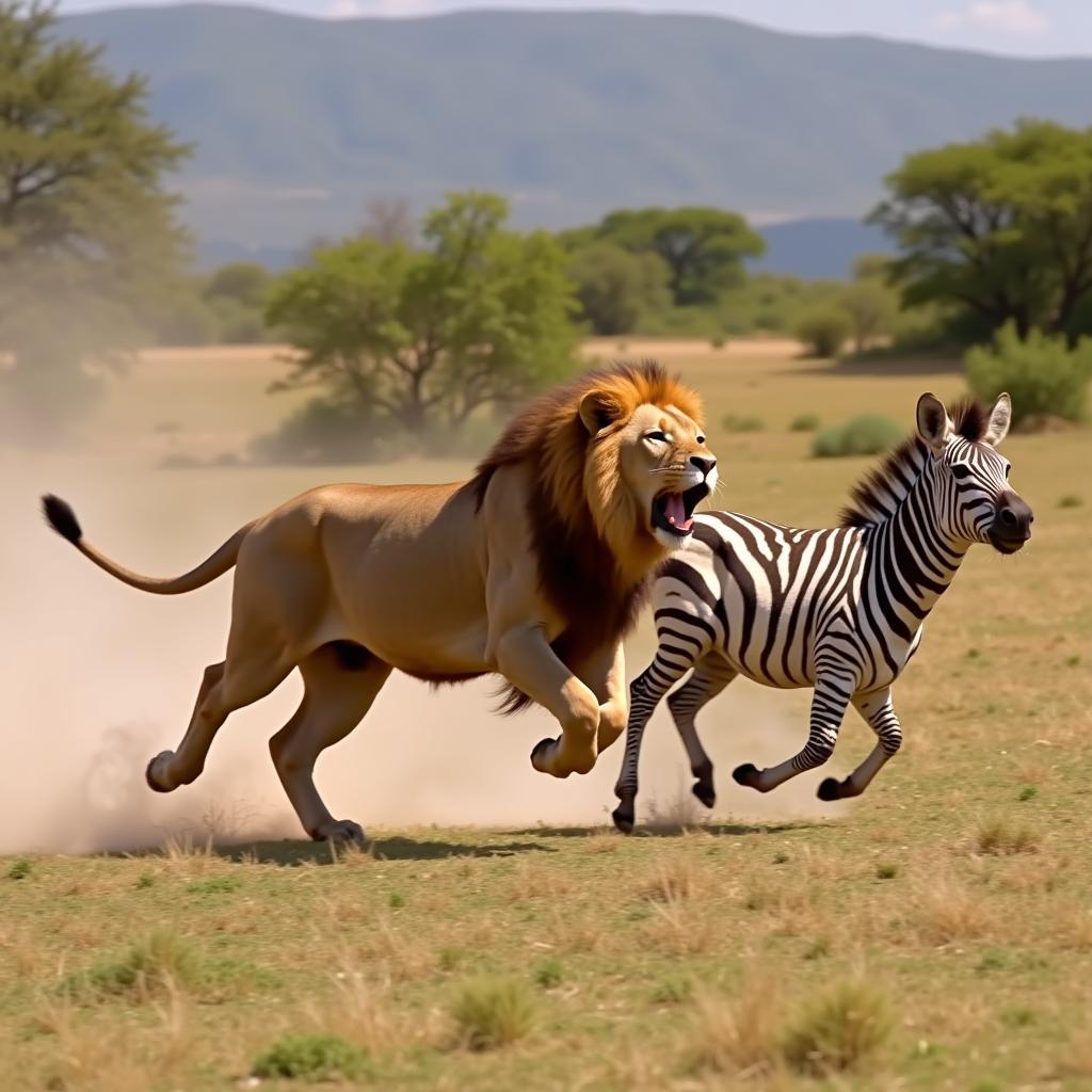 A lion pride on the hunt for a zebra in the African savanna