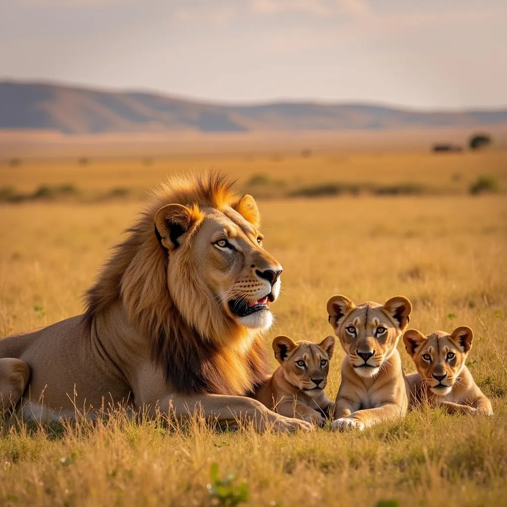 Lion pride resting on the African savanna