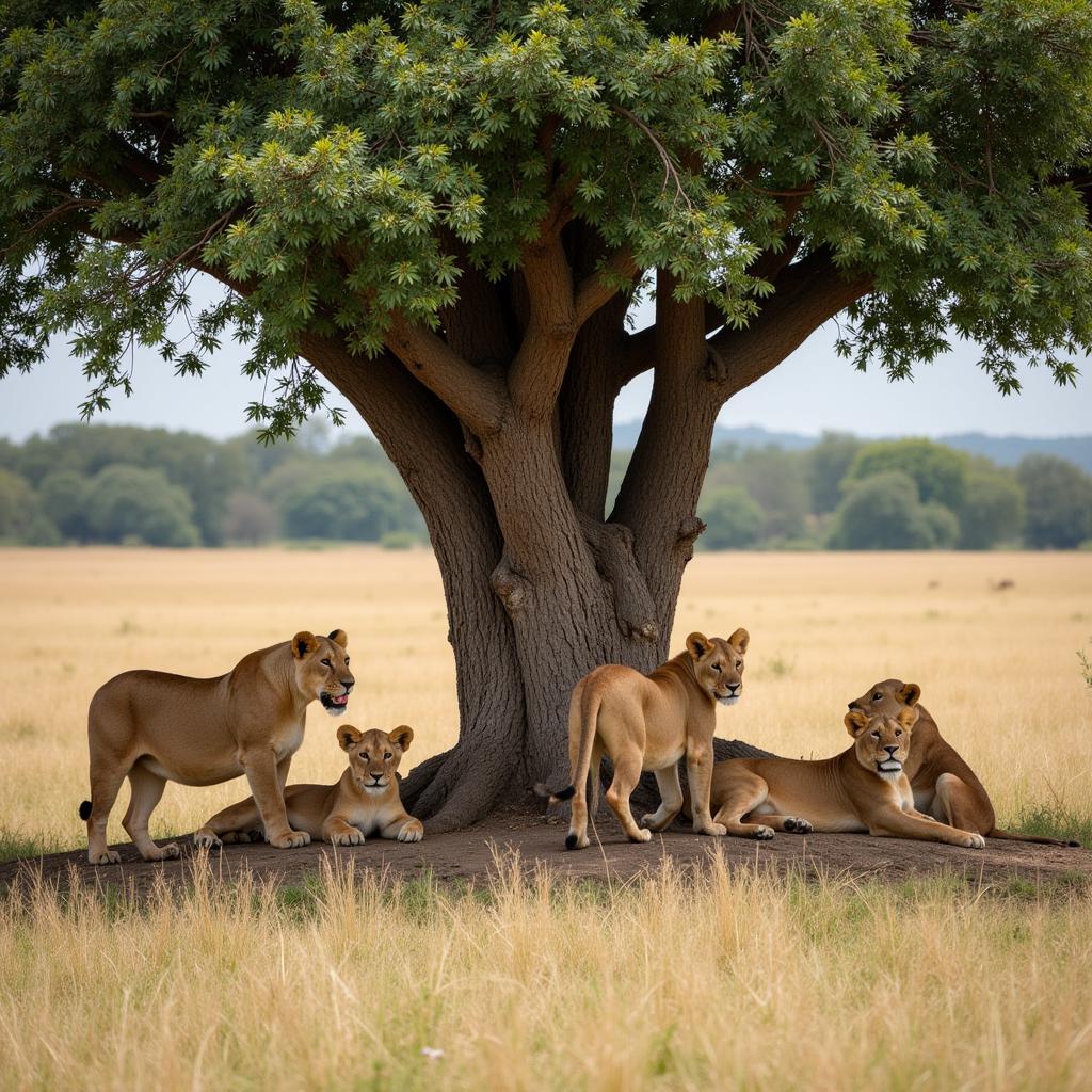 Lion Pride Resting in Shade of Acacia Tree