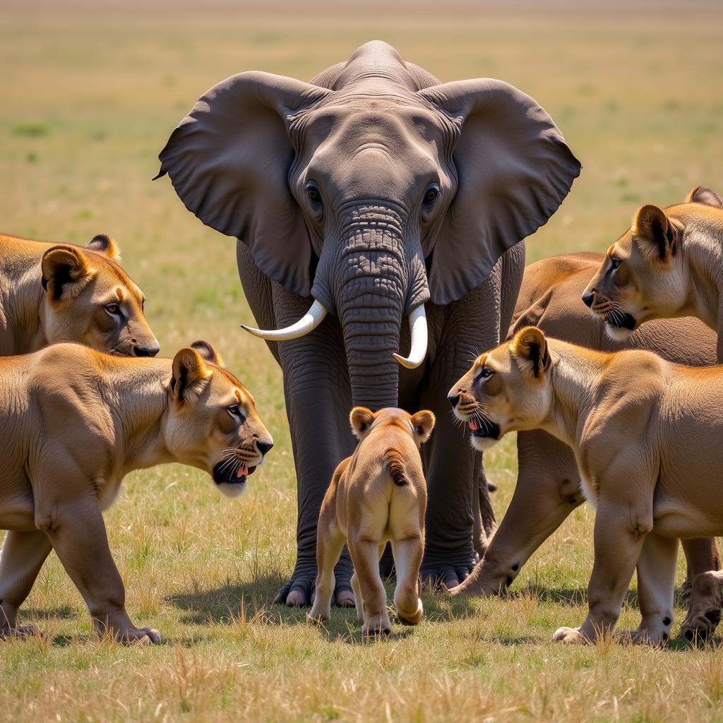 Lion pride circling a young elephant