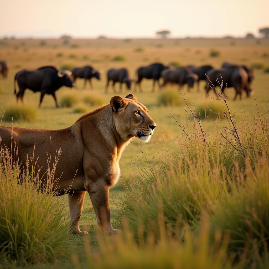 Lion Stalking a Herd of African Buffalo