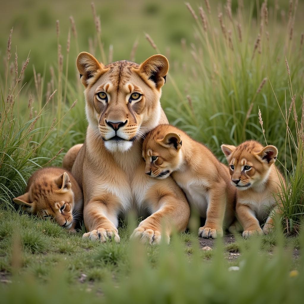 Lioness and cubs in the grassland