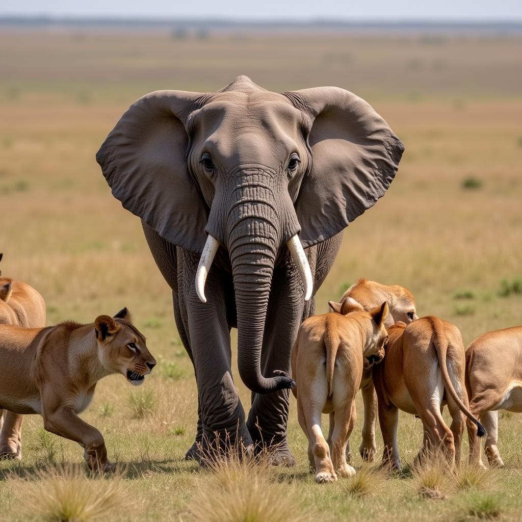 Lions Surrounding African Bush Elephant Calf